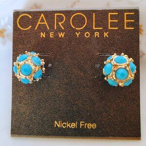 Vtg Carlee New York Gold Tone Ball Earrings Faux Turquoise Cabochon NWT